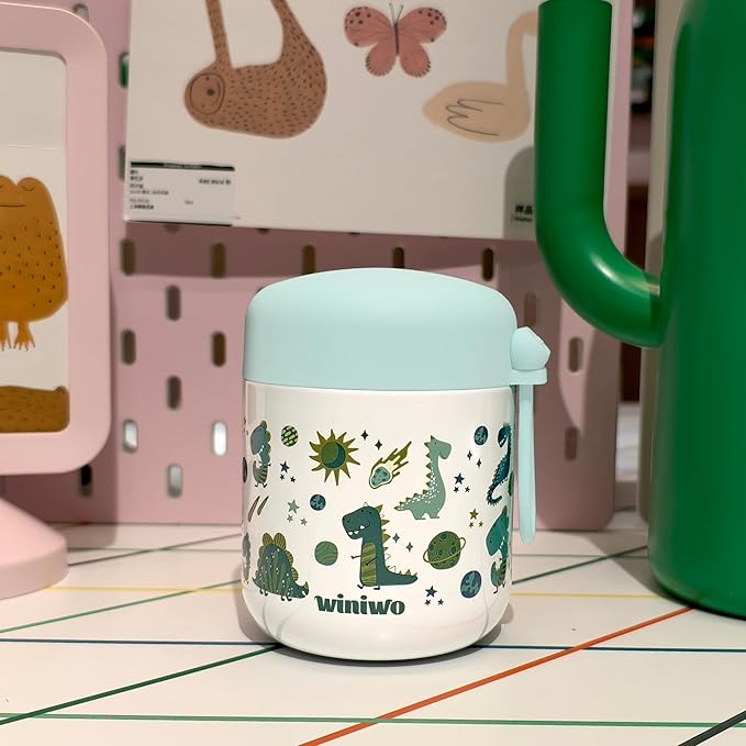 12oz Insulated Food Jar for Kids, Easy Carry, Wide Mouth, Thermos for Hot Food, Soup, Salad, Sandwich, School Lunches (Green-Dinosaur)