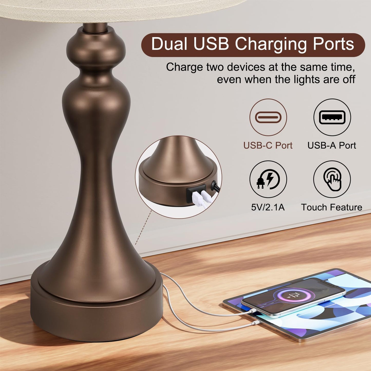 Seealle Touch Lamps Set of 2, 3 Way Dimmable, USB C+A, 9.5 x 9.5 x 19 inches, Brown & Oat Shade, Metal