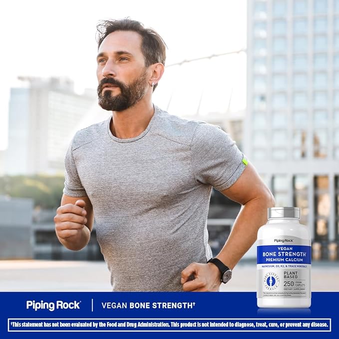 Piping Rock Bone Strength Supplement for Women and Men | 250 Caplets | Premium Calcium Plant Based Complex | with Vitamin D3, K2, Magnesium, and Minerals | Vegan, Non-GMO, Gluten Free