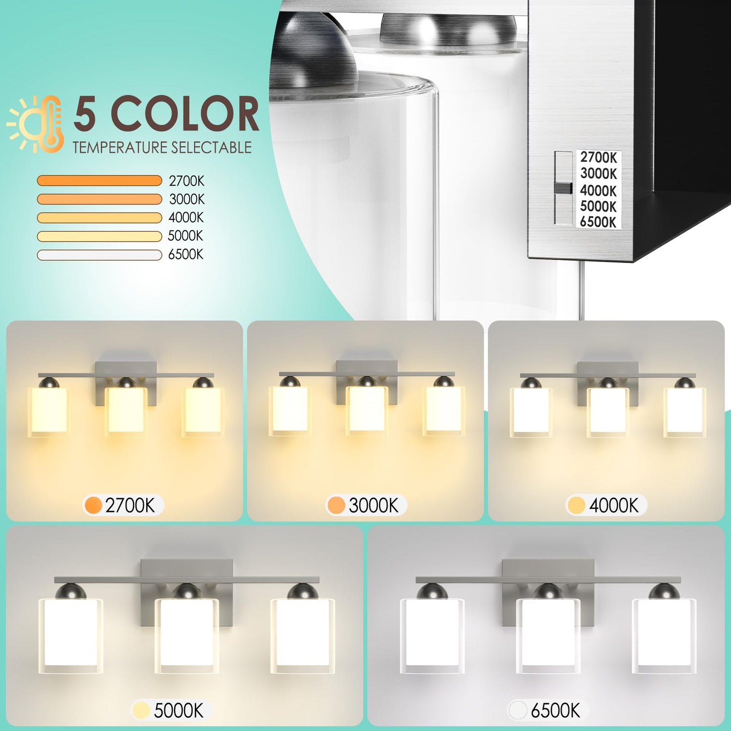 Quntis 3 Light Brushed Nickel Bathroom Light Fixtures, LED Vanity Lights Over Mirror, Model QNT-3L-BN-VL, Milk White Frosted Glass