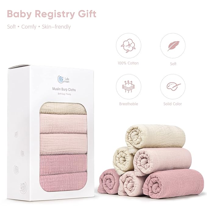 lulumoon Muslin Burp Cloths for Babies: 100% Soft Cotton Large Burping Cloths - Neutral Baby Burp Rags for Boy and Girl - Absorbent Burp Cloth for Spit-Ups 6 Pack