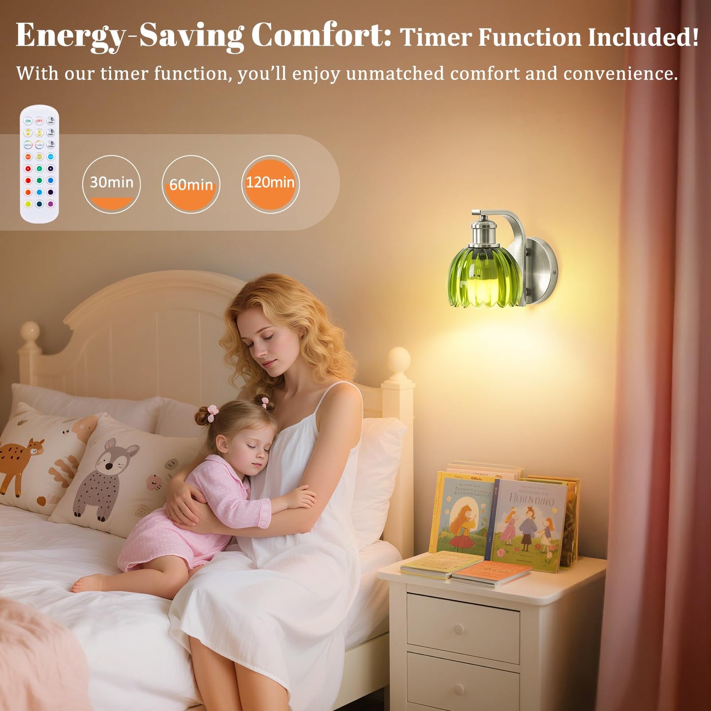 VerRon Rechargeable Battery Operated Wall Sconce Set of Two, Green Glass Lampshade, Wireless, Remote Control, 2-Pack, Brushed Nickle