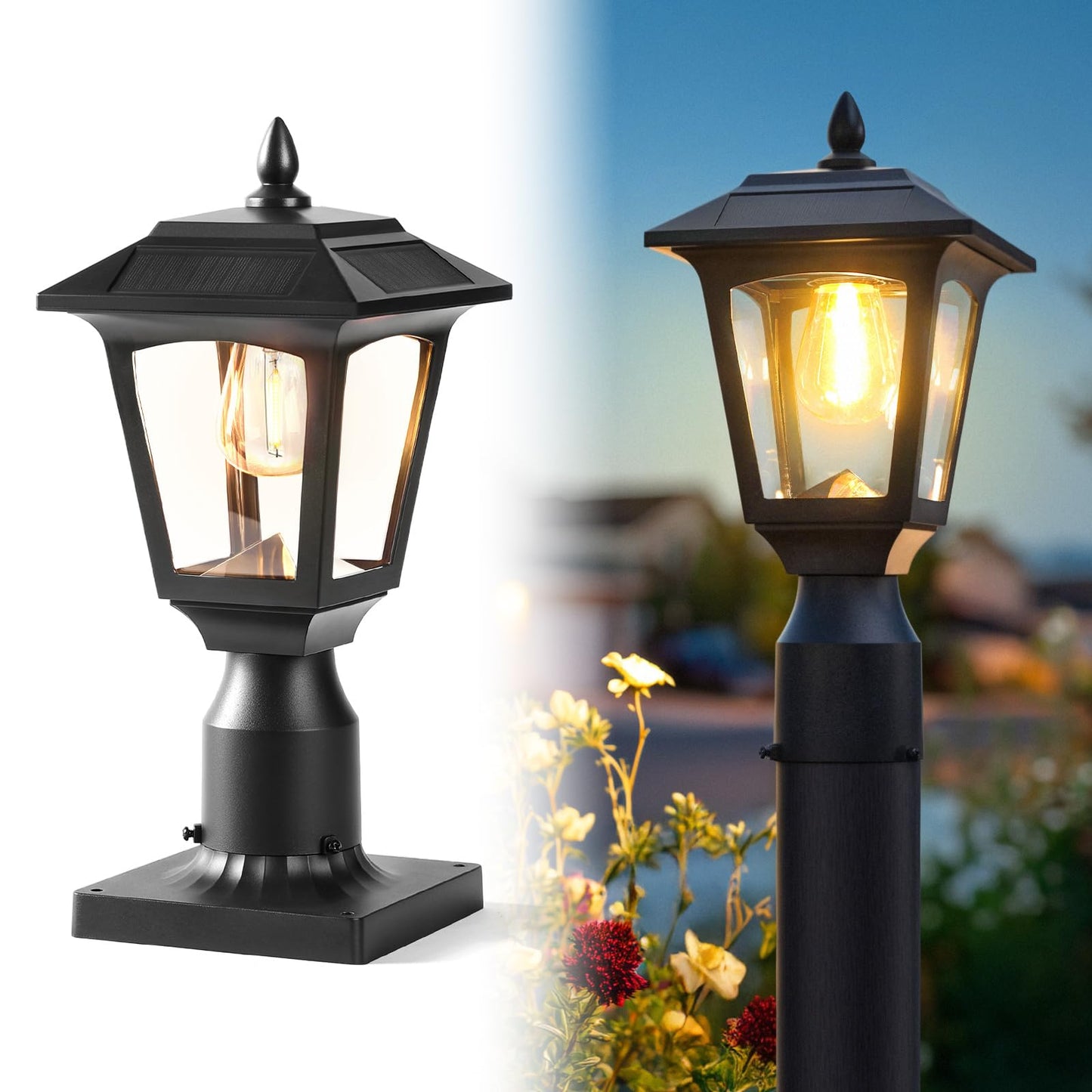 PASAMIC Solar Post Light, 3000K Warm White, Aluminum Base, Waterproof, for Fence, Garden, Yard, Patio, Model OPL-ZTD01-001-1PCS, Black