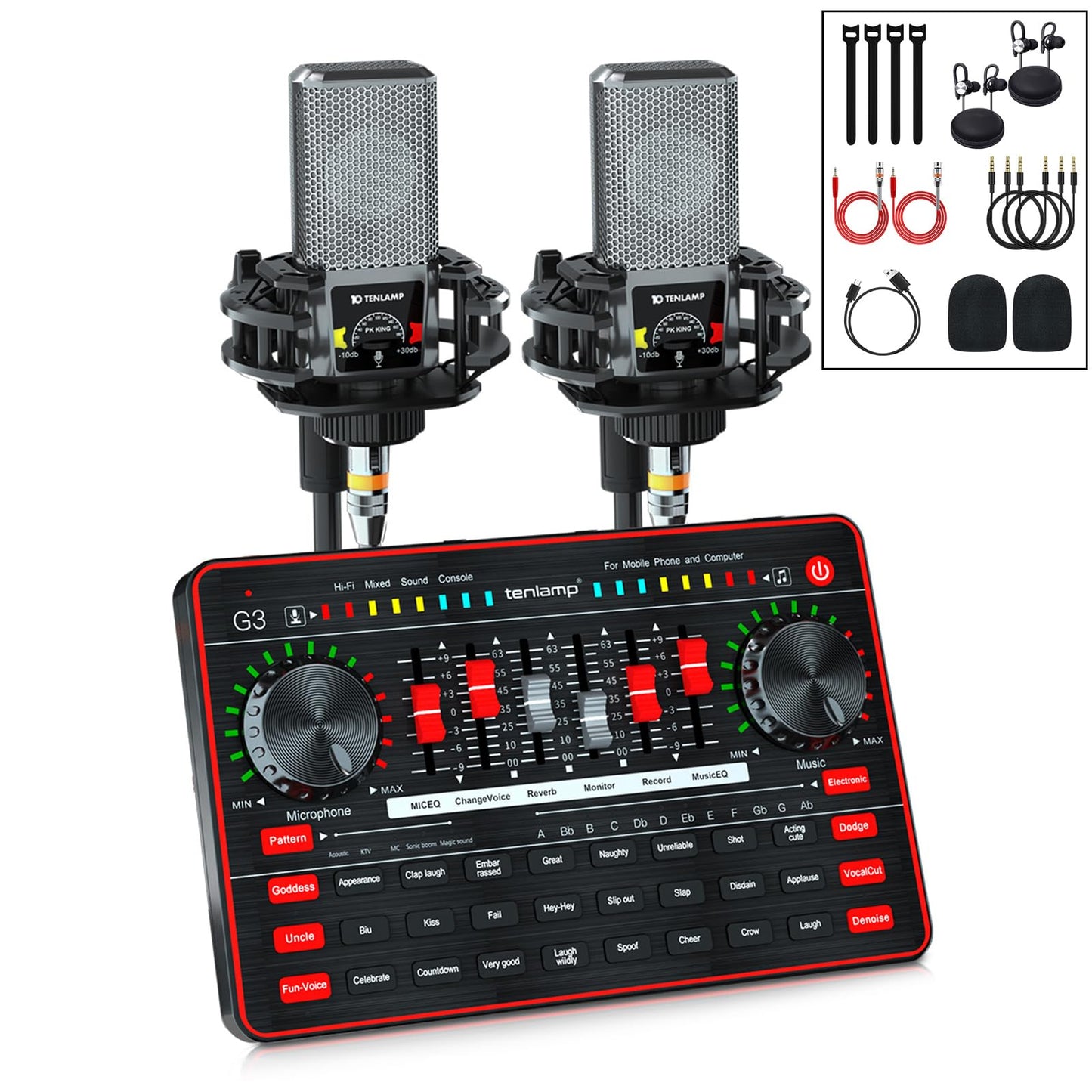 Audio Mixer with Sound Card, tenlamp Two 3.5mm Studio Condenser Microphone and G3 Audio interface, Sound Board Voice Changer, Po