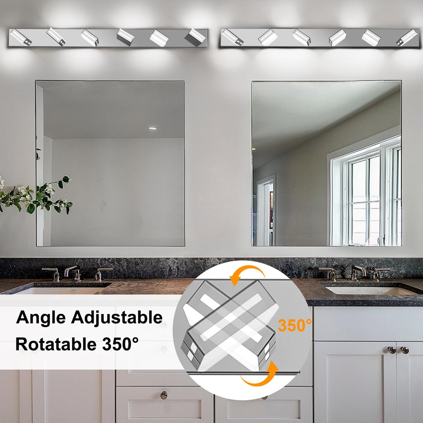 Donrao 48-Inch 6-Light Led Modern Chrome Bathroom Vanity Light Fixtures Over Mirror  Bathroom Lighting Fixtures With Cool White 6000K  Rotatable Vanity Wall Lights For Bath Restroom Powder Room