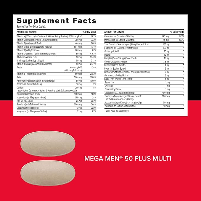 GNC Mega Men 50 Plus Vitapak Program, Convenient Complete Nutrition, 5 Products in 1 Vitamin Pack, Multivitamin, Fish Oil, Mental Sharpness, Ginkgo, Prostate Health, 30 Packets, 30 Day Supply