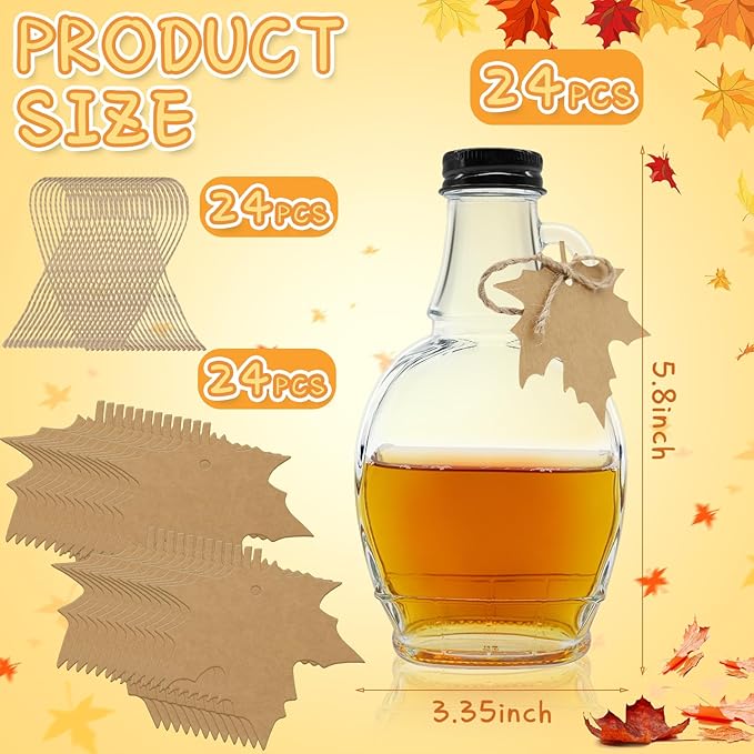 5 oz Glass Maple Syrup Bottles with Tags,Clear Glass Bottles with Aluminum Lids and Loop Handle, Maple Syrup Jars Storage for DIY Whiskey Sauce Vanilla Gifts (12)