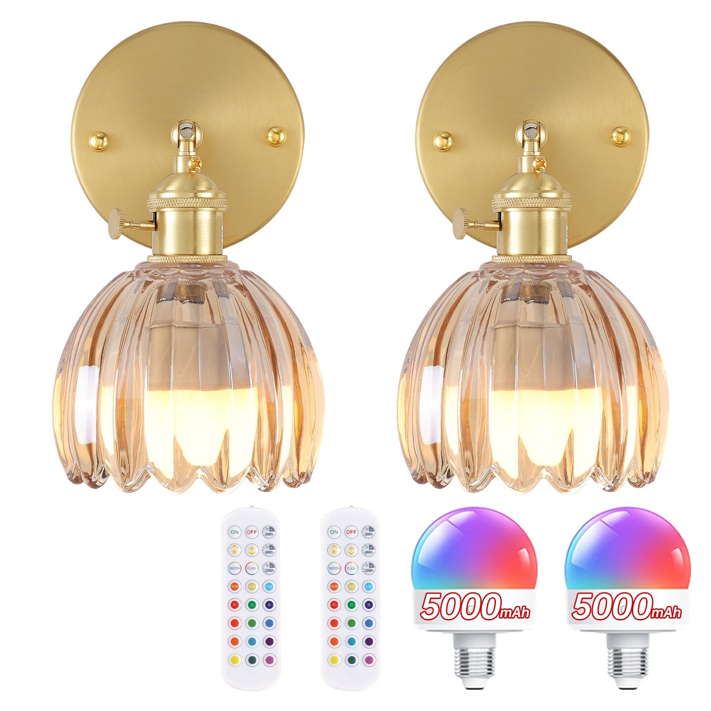 Shenmoyl Vintage Battery Operated Wall Sconce, Amber Glass Lampshade, Rechargeable 5000 mAh, Set of 2