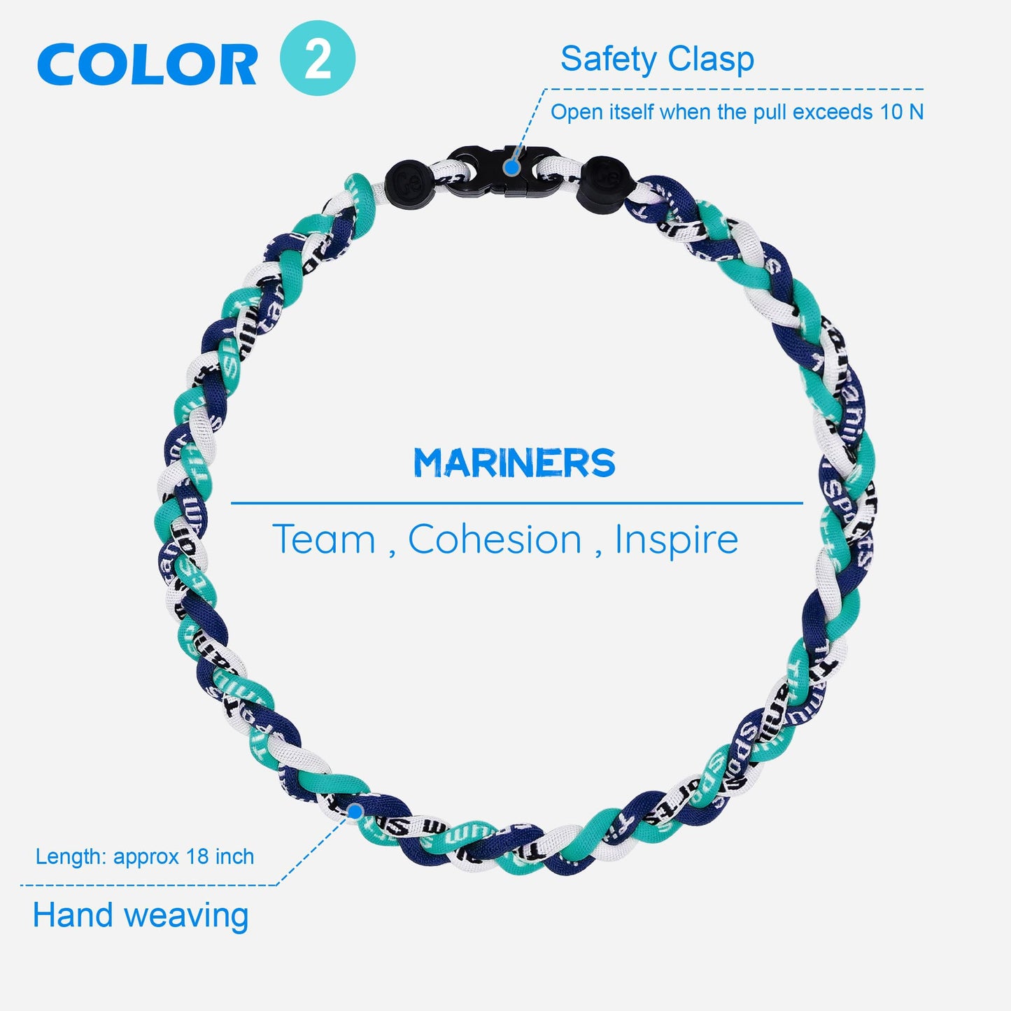 SUPBOMM 3 pcs Baseball Rope Necklaces, League Team Colors Braided Necklace, Baseball Team Gifts, Mariners