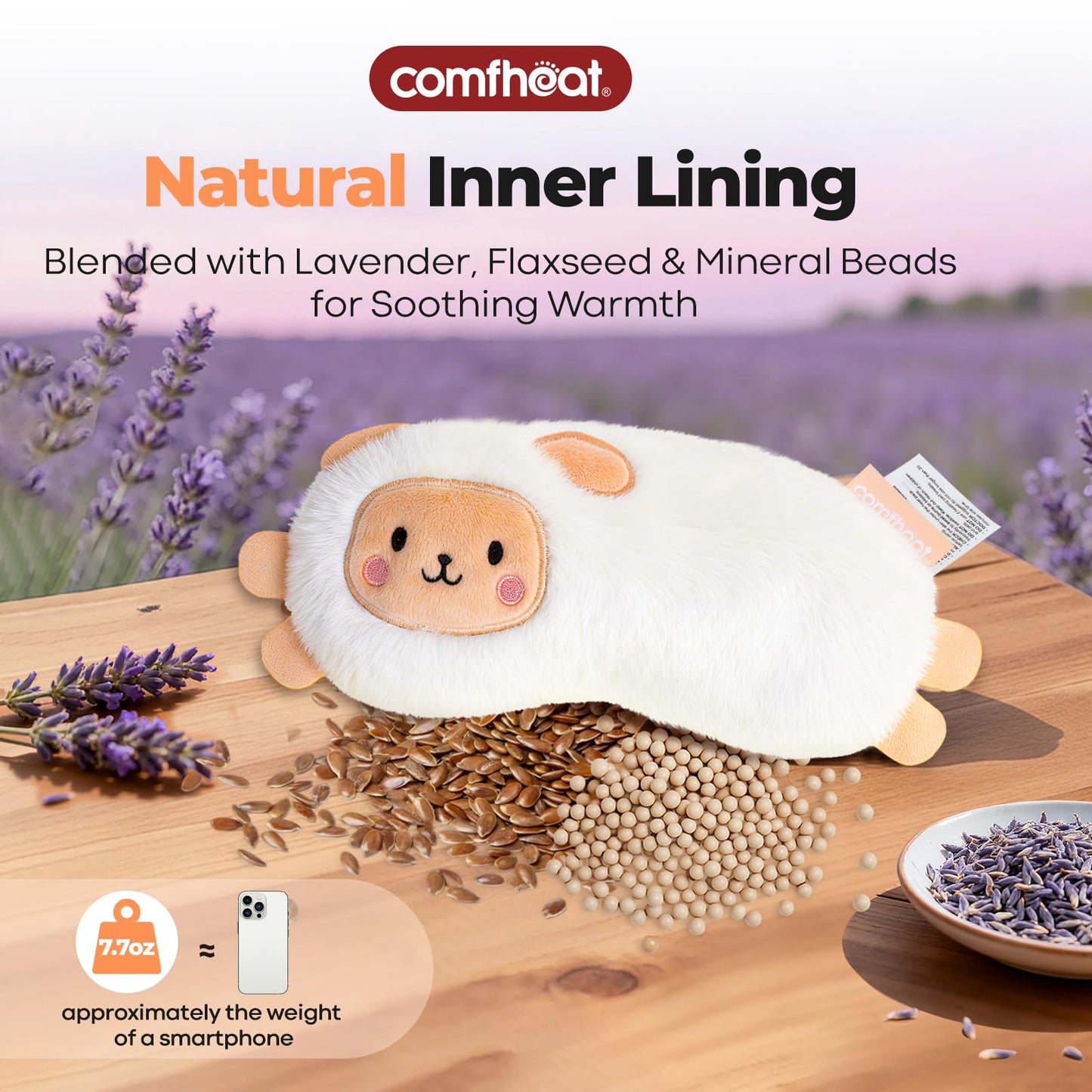 Comfheat Lavender Weighted Eye Pillow - Soft Plush Removable Cover, Moist Heat & Cold Therapy, Natural Aromatherapy Eye Compress Pillow for Relaxation, Yoga, Meditation, and Sleep, Cute Sheep