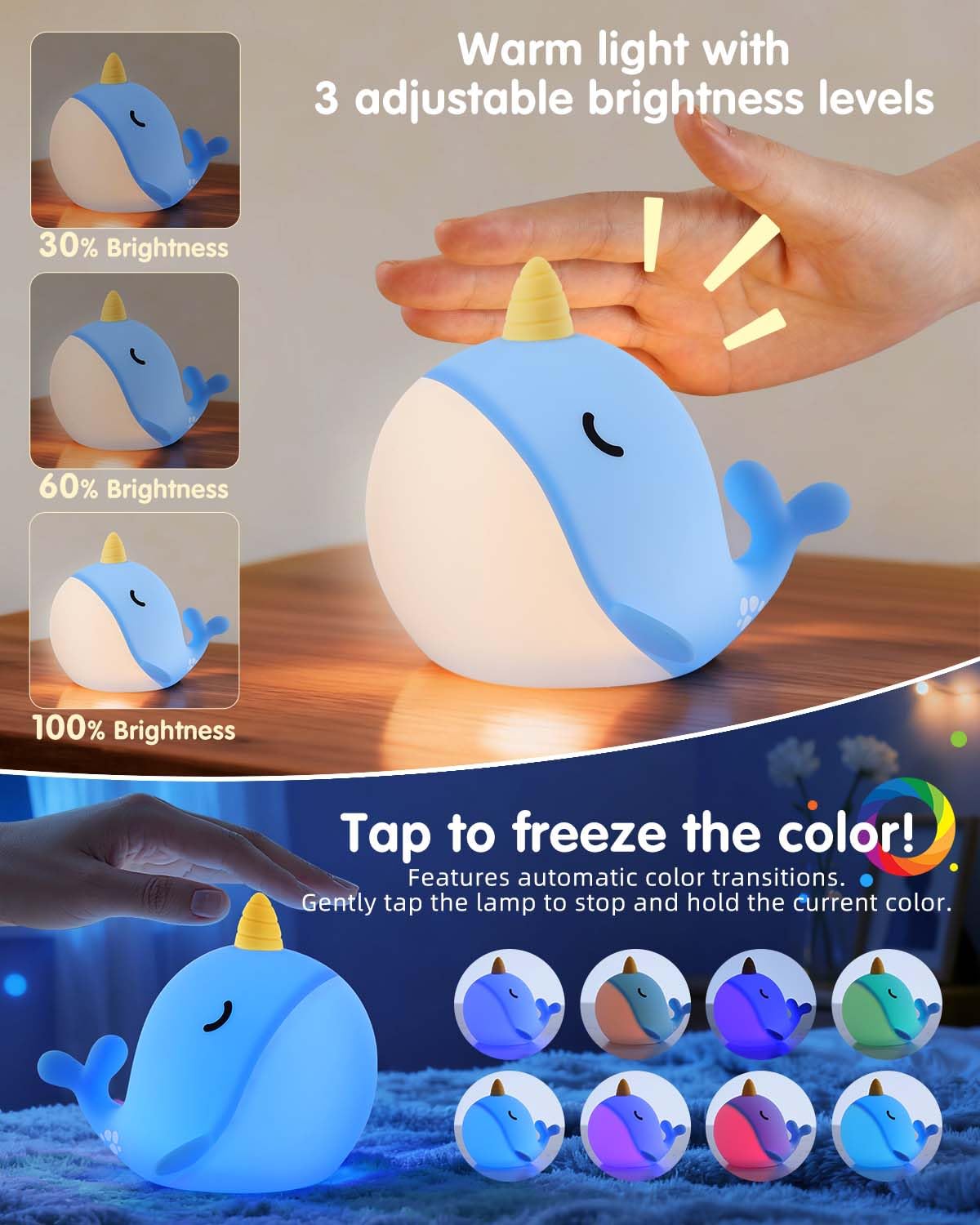 Fuloon Narwhal Night Light With Whale Shape  Squishy Silicone Kids Lamp  Safe & Soothing Touch Control For Kids And Babies  Usb-C Rechargeable  30-Min Auto Timer  Gift Idea (Blue)