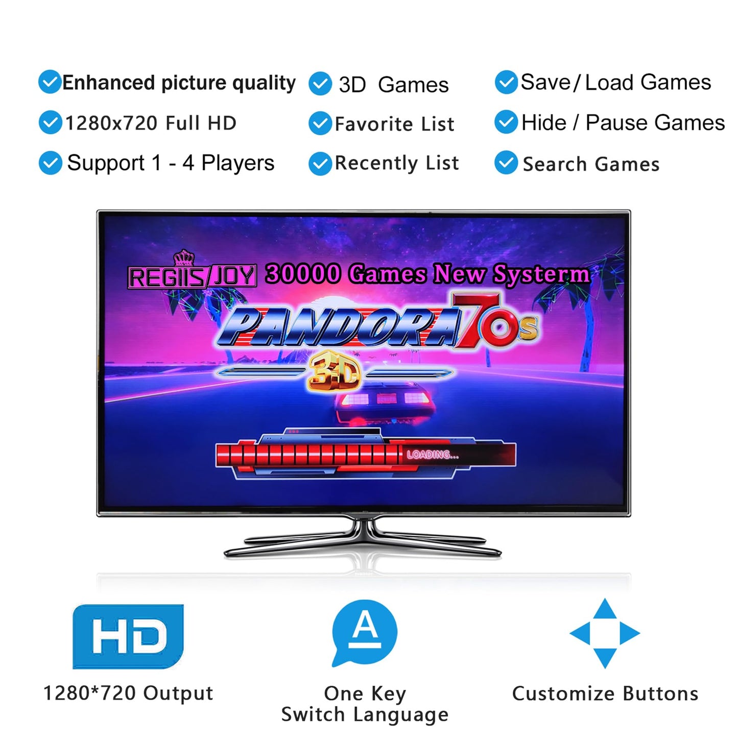 RegiisJoy 30000 in 1 Pandora's Box 70S Arcade Game Console Retro Game Machine for PC & Projector & TV, 2-4 Players, 1280X720, 3D Games, Search/Hide/Save/Load/Pause Games, Favorite List
