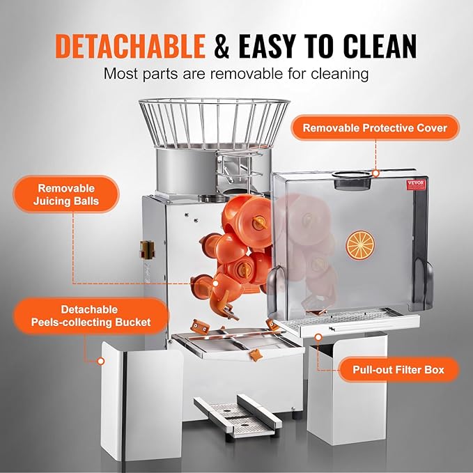 VEVOR Commercial Orange Juicer Machine, 120W Automatic Feeding Juice Extractor, Stainless Steel Juice Extractor for 25 Oranges Per Minute, with Pull-Out Filter Box, PC Cover, 2 Peel Collecting Buckets