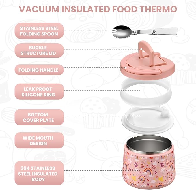 Kids Thermo for Hot Food, 14oz Insulated Soup Jar, Stainless Steel Lunch Box with Leakproof Lid & Spoon, Vacuum Insulated Bento Container (Rainbow)