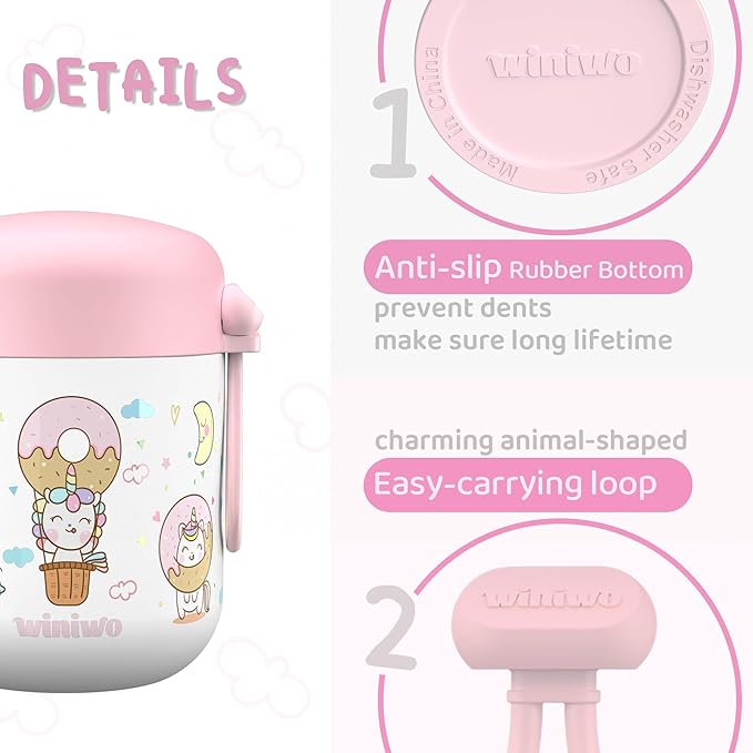 12oz Insulated Food Jar for Kids, Easy Carry, Wide Mouth, Thermos for Hot Food, Soup, Salad, Sandwich, School Lunches (Pink-Unicorn)