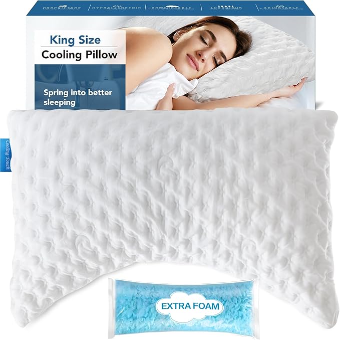 Side Sleeper Pillows for Neck and Shoulder Pain Relief, Cooling Shredded Memory Foam Bed Pillows for Sleeping, Adjustable Curved Pillow with Washable Cover Bamboo Rayon Pillow, King Size