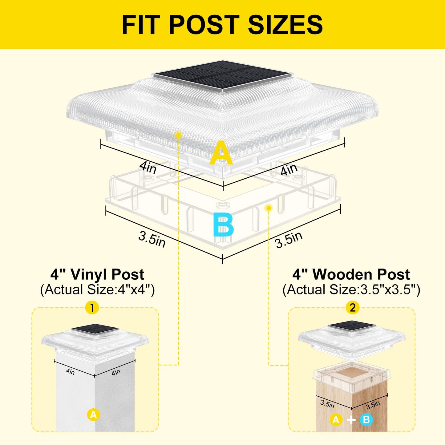 T-Sun Solar Post Cap Lights 4X4  Fence Post Solar Lights 6 Packs  Ip65 Waterproof Outdoor Lighting Smart Auto On/Off For Stairs Step  Vinyl Fence Tops  Deck  Patio  Garden (Warm/Cool White)