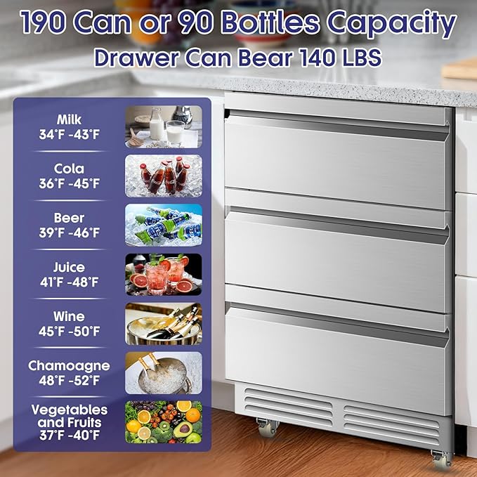 Outdoor 3 Drawers Beverage Refrigerator, 190 Cans 24'' Beverage Fridge with Wheels, Waterproof, All Stainless Steel, Undercounter or Freestanding, 37-64°f, Drink Fridge for Home, Patio & Commercial