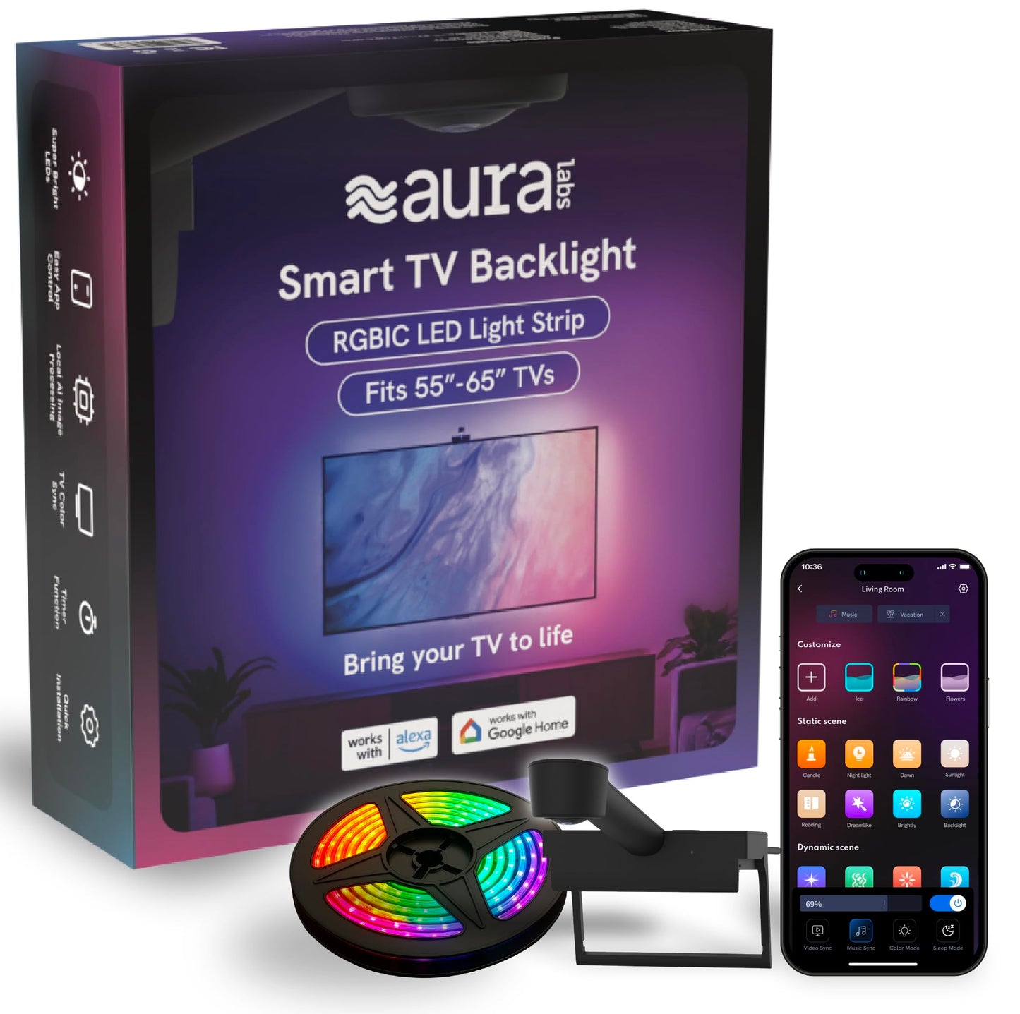 Aura TV Backlight Sync to Screen for 55-65 Inch TV, Camera-Based TV LED Backlight, High Color Sync Accuracy, Voice and App Control, RGB LED Strip Light, Immersive TV Lights