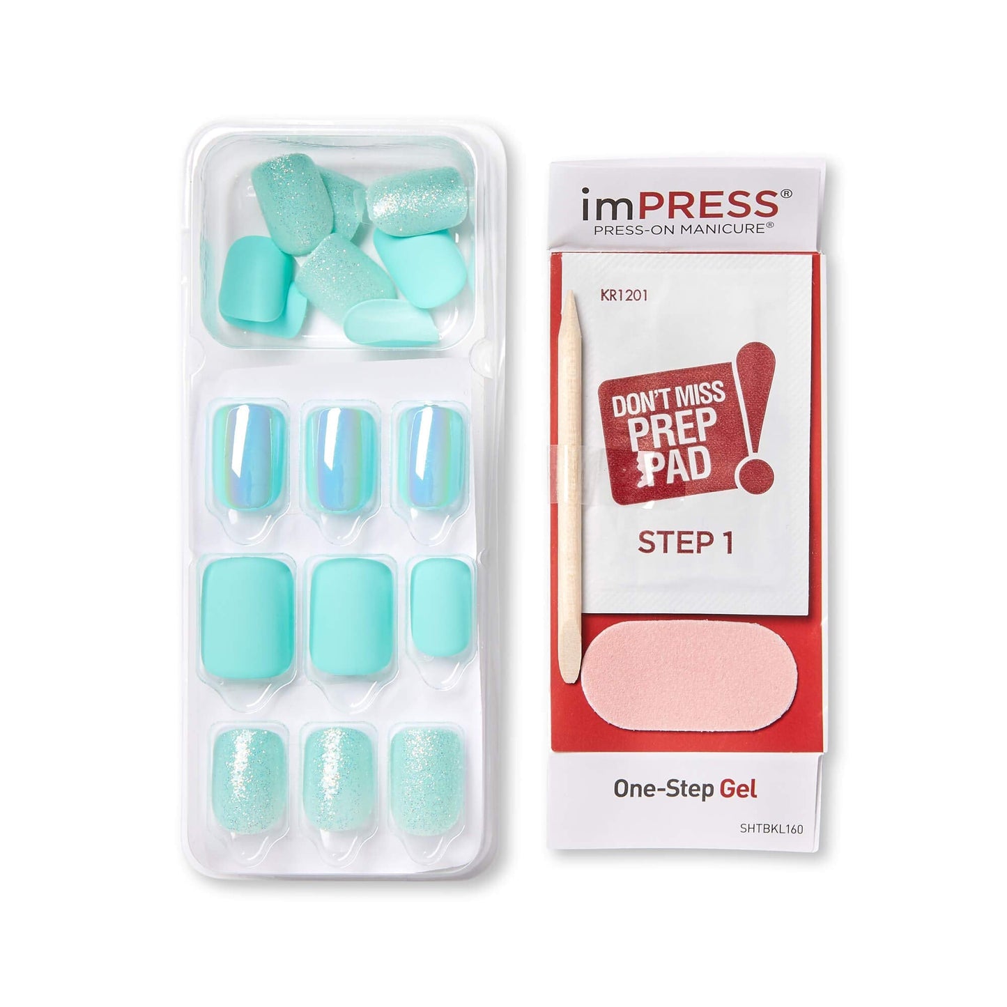 KISS imPRESS No Glue Mani Press On Nails, Design, 'Rain Check', Blue, Short Size, Squoval Shape, Includes 30 Nails, Prep Pad, In