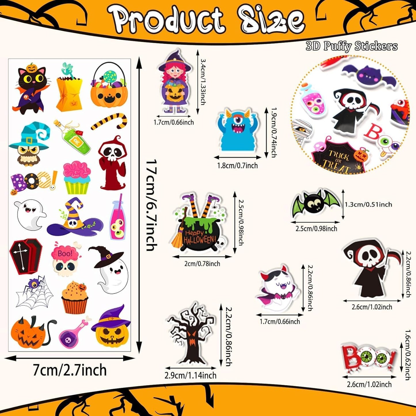 UPINS Halloweens Stickers for Kids, 12 Sheets 3D Happy Halloween Stickers Cute Puffy Stickers Ghost Pumpkin Skull Bat Spider Foam Stickers for Halloween Party Favors Scrapbooking DIY Crafts