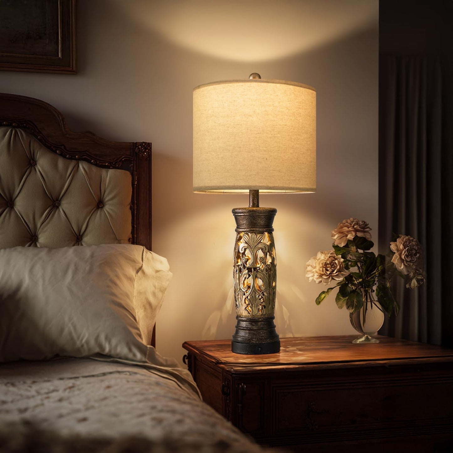 BOBOMOMO Table Lamps Set of 2, 27.25·Antique Gold, Resin, Vintage Design, USB A+C Ports, Bulbs Included