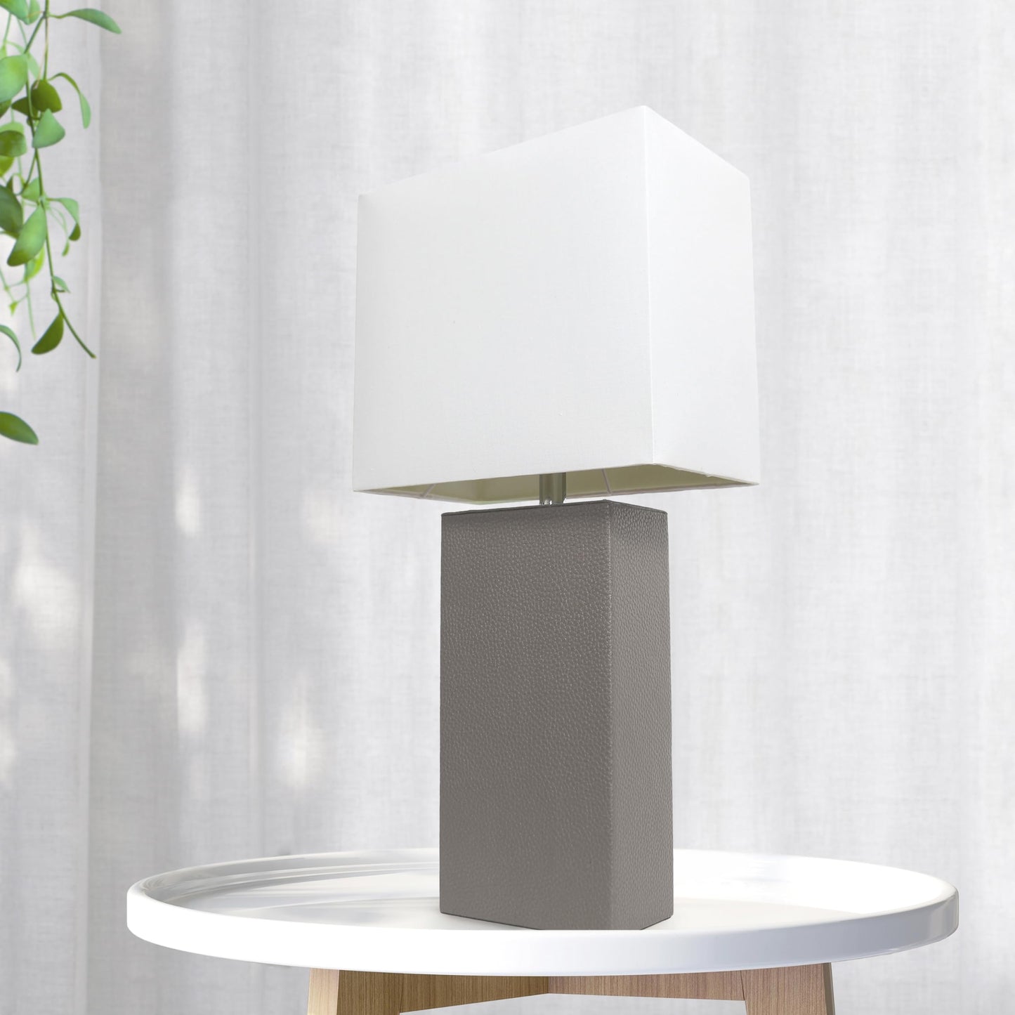 LALIA HOME Lexington 21in Bedside Table Lamp, Gray Leather Base, White Fabric Shade, Modern Décor for Living Room, Bedroom, Foyer