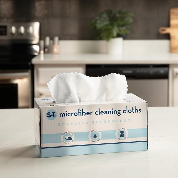 S&T INC. 50 Pack Microfiber Cleaning Cloth with Box, Bulk Towels for Home, Reusable Microfiber Towels for Cars, Cleaning Rags, White, 11.8 Inches x 11.8 Inches, 50 Count