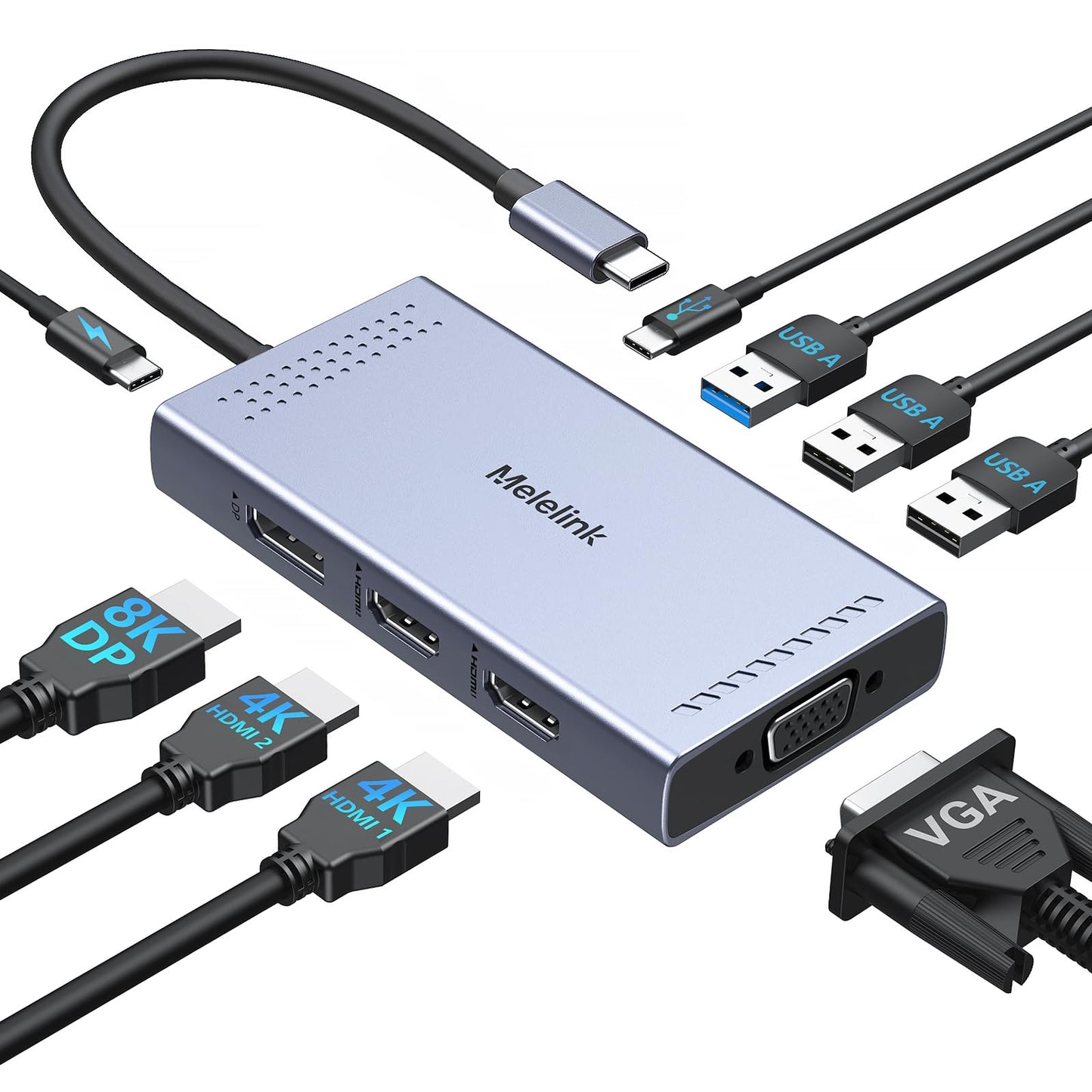 Usb C Docking Station Dual Hdmi Monitor Adapter, Melelink Usb C Hub 3 Monitors With 2X 4K Hdmi, 8K Displayport, Vga, 100W Pd, Us