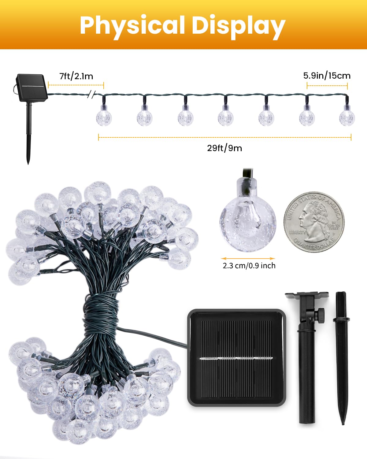 Brightown Solar String Lights Outdoor 60 Led 36Ft Waterproof Crystal Globe Warm White - 8 Lighting Modes For Garden, Yard, Party Decor