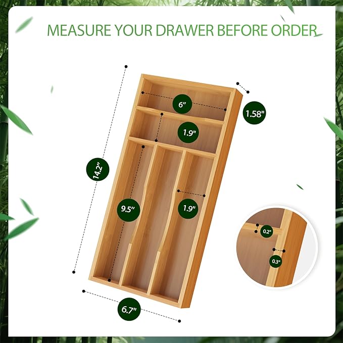 Small Silverware Organizer, Bamboo Kitchen Drawer Cutlery Organizer, Utensil Holder, Flatware Organizer Tray (14.2"x6.7"x1.6")