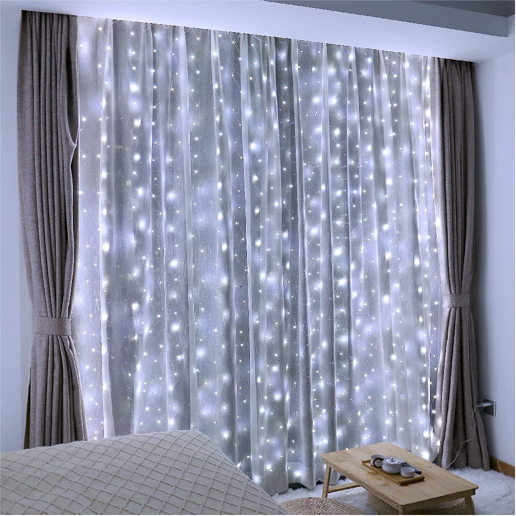 ZSJWL 300 LED White Curtain Lights, 9.8x9.8Ft, Copper Material, Remote Control, 8 Modes, USB Plug, Indoor/Outdoor Use