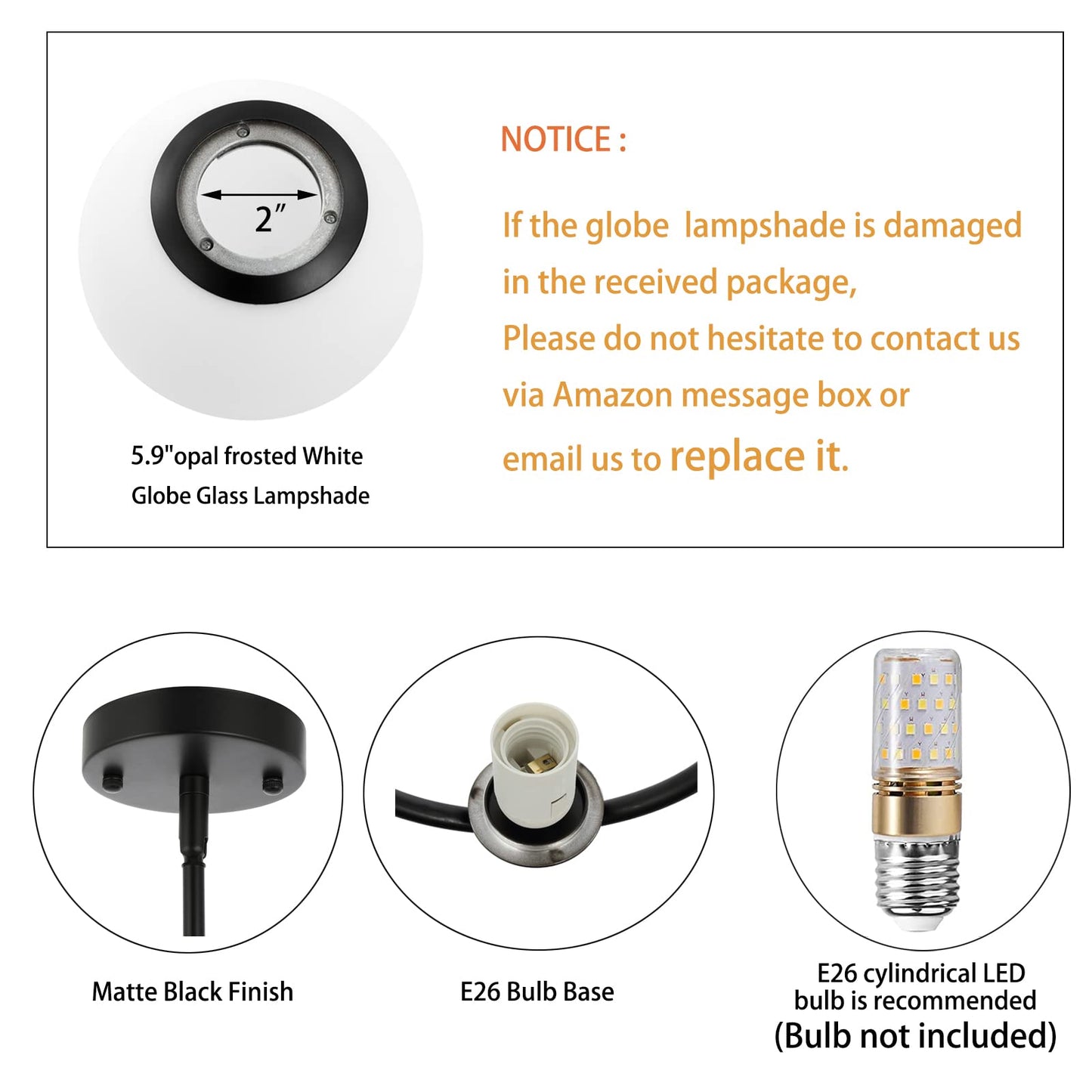Byoliima 2-Lights Modern Globe Chandelier Mid Century Pendant Light Matte Black Ceiling Hanging Lighting Fixture With White Globe Glass Lampshade For Kitchen Island Dining Room Bedroom