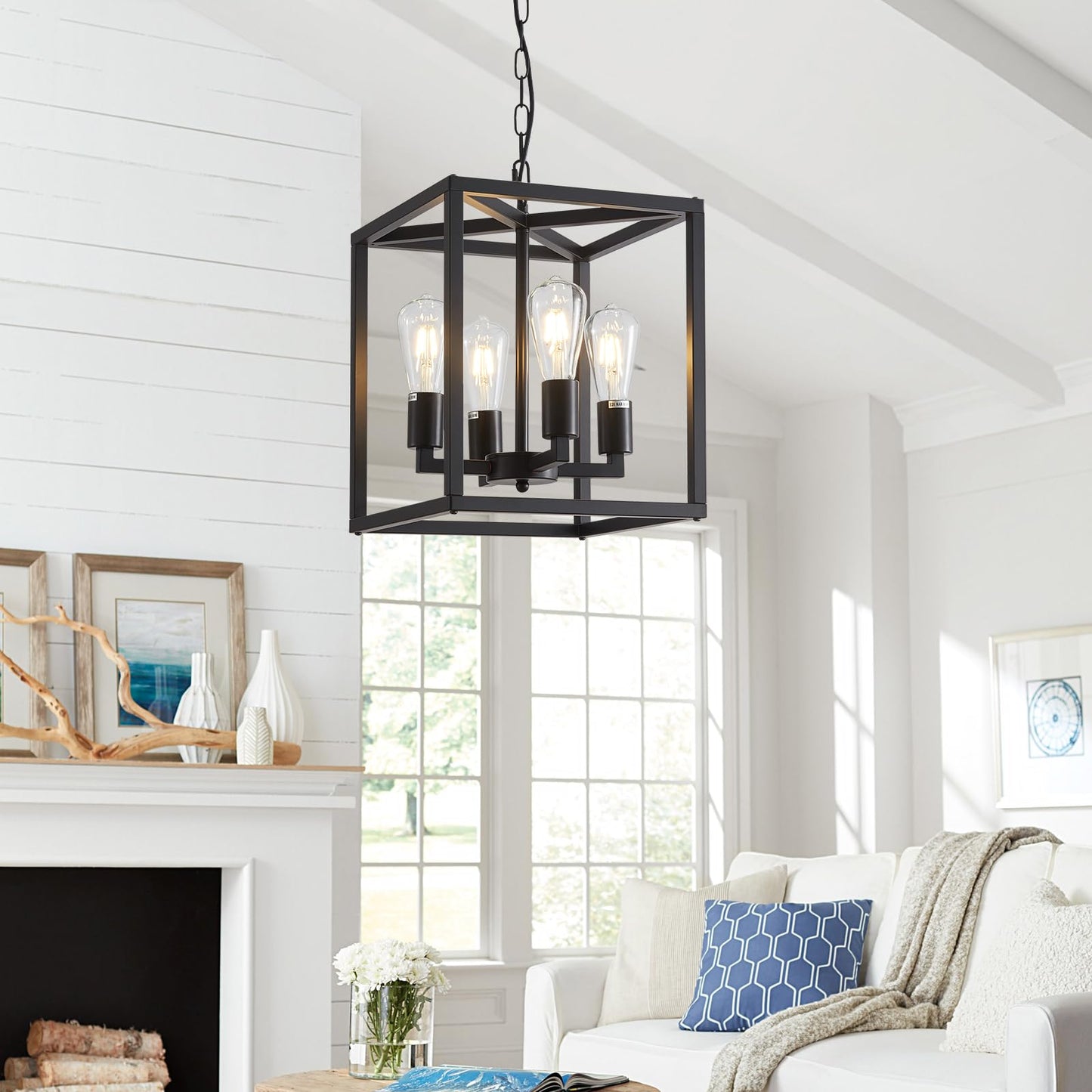 Lanhall 4-Light Farmhouse Chandelier, Adjustable Height, Metal Cage, Black Pendant Lighting For Kitchen, Dining Room, Living Room, Bedroom