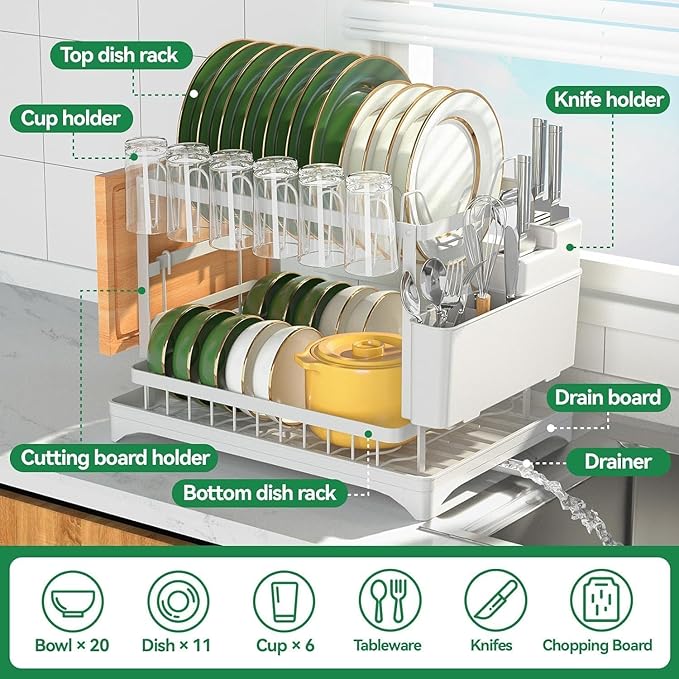 2 Tier Dish Racks for Kitchen Counter and Sink - Large Dish Drying Rack with Drainboard & Utensil Holders - Stainless Steel Dish Drainers Kitchen Organization and Storage for Space Saving (White)