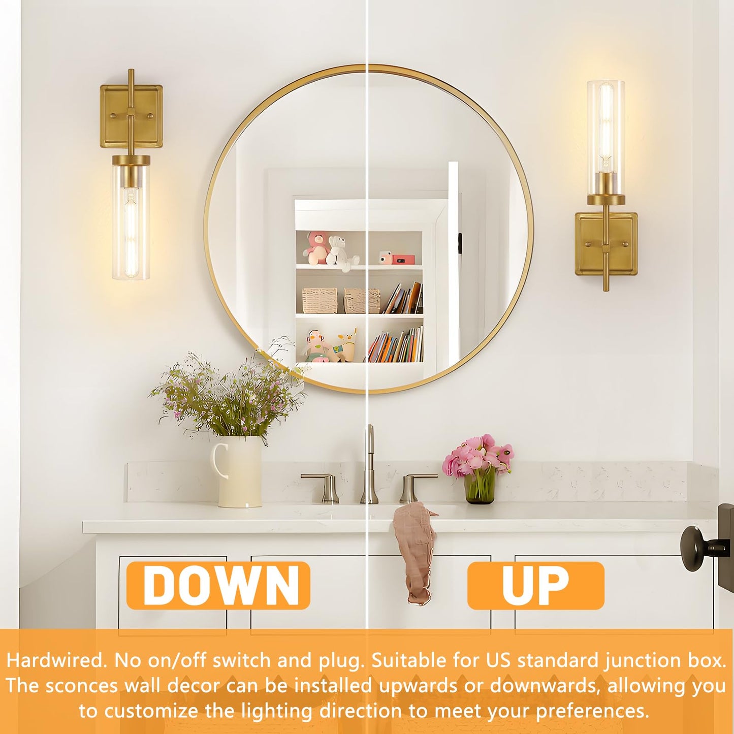 Spiglamm Wall Sconces Lighting Set of 2, Hardwired Bathroom Vanity Fixture, Clear Glass Shade, Gold Finish, Model 2P-DTCGS-Gold