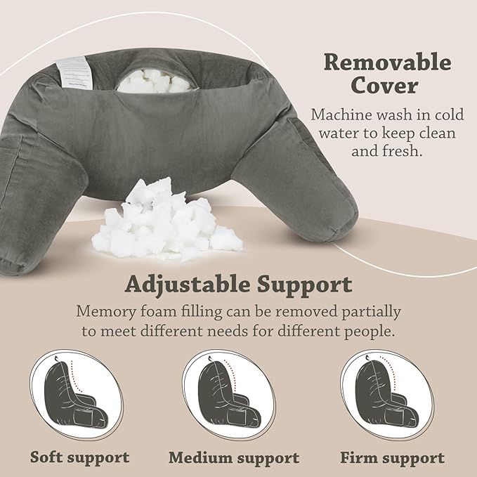 LOVTEX Reading Pillow with Removable Cover, Back Pillow for Sitting Up in Bed with Arms and Pockets, Bed Rest Pillow Adult, 20 x 15 Inches(Dark Grey)