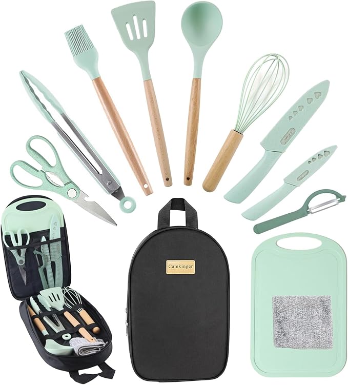 12PCS Camping Accessories Kitchen Cooking Utensils Set - Portable Outdoor Camp Cookware Set, Silicone Camper Essentials Gear Must Have Supplies for Travel RV BBQ Grill Picnic Hiking