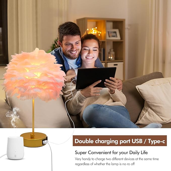 ZYLEIESENBAO Pink Feather USB Charger Table Lamp Feather Bedside Lamp Cute Nightstand Lamp with Outlets Princess Desk Light for Girl Bedroom Living Room Entryway Hotel Wedding Women's Gift Decoration