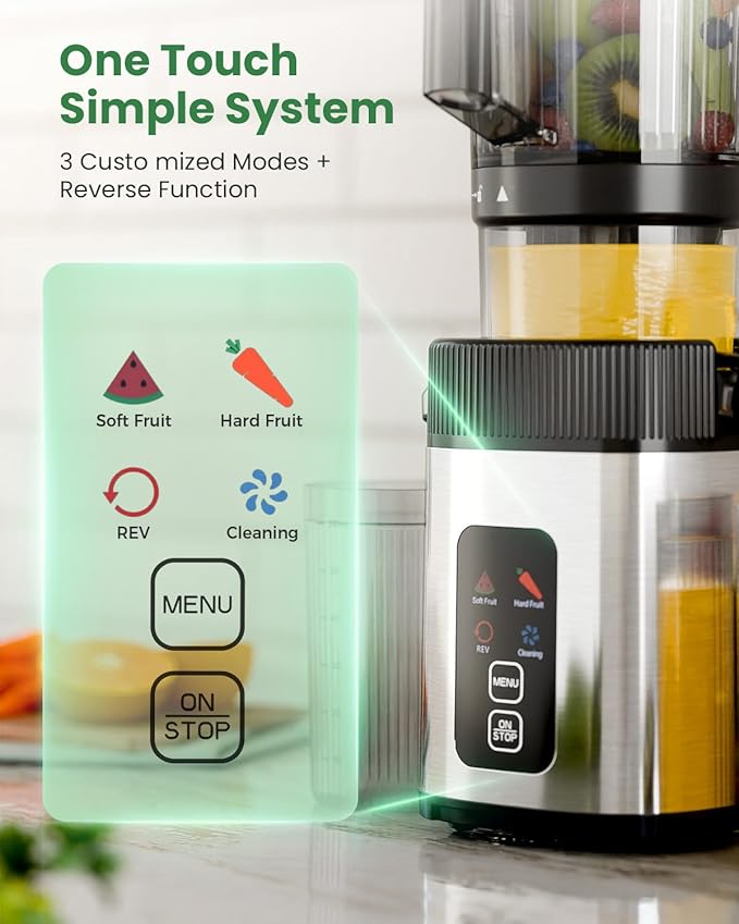 Kismile Cold Press Juicer Machine with Touch Control & 3 Modes, 4.35” Wide Feed Chute Slow Juicer for Whole Fruits & Vegetables, Stainless Steel Juicer Press, Easy to Clean, High Juice Yield for Home