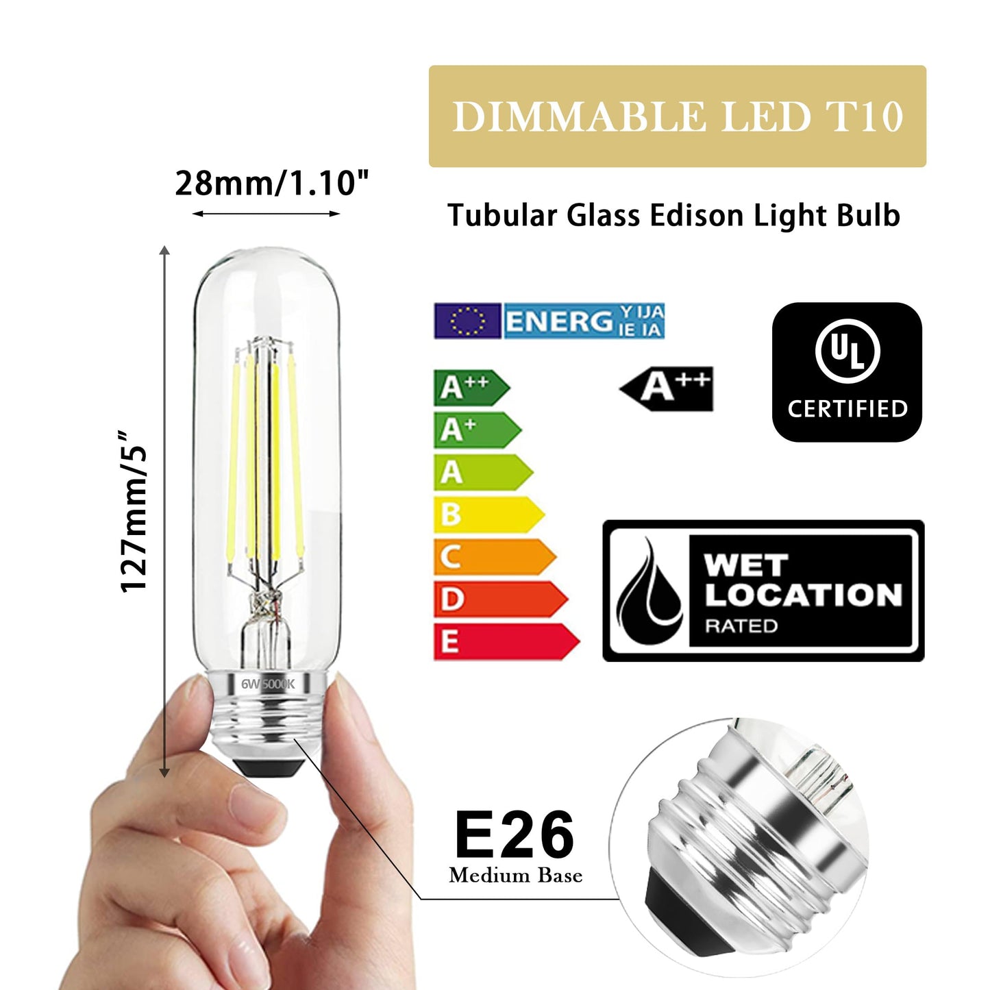Novelux 5 Inch Edison Bulb  5000K Daylight White E26 Led Bulb 6W Dimmable  800Lm T10 T9 Bulb Clear Glass Tubular Light Bulbs  Ac 120V Equal 80 Watt Bulbs For Chandelier Pendant Wall Light - 4Pack