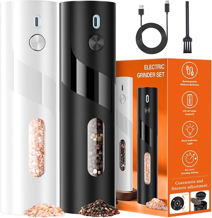 110ml Electric Salt and Pepper Grinder Set, 2-Pack Auto Salt and Pepper Shakers with Large Capacity, Rechargeable, Adjustable Coarseness for Kitchen, Outdoor Dining (Black & White)