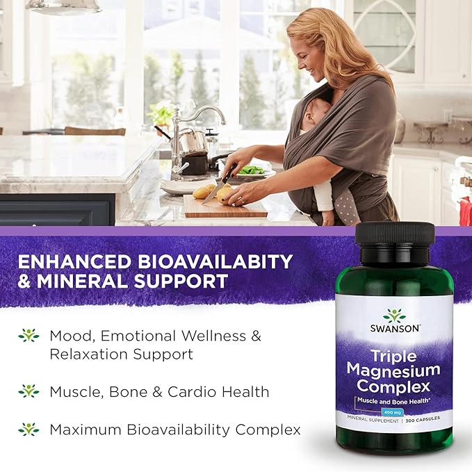 Swanson Triple Magnesium Complex - Mineral Supplement - Natural Support - Featuring Citrate, Oxide & Aspartate - (300 Capsules, 400mg Each,) (4 Pack)