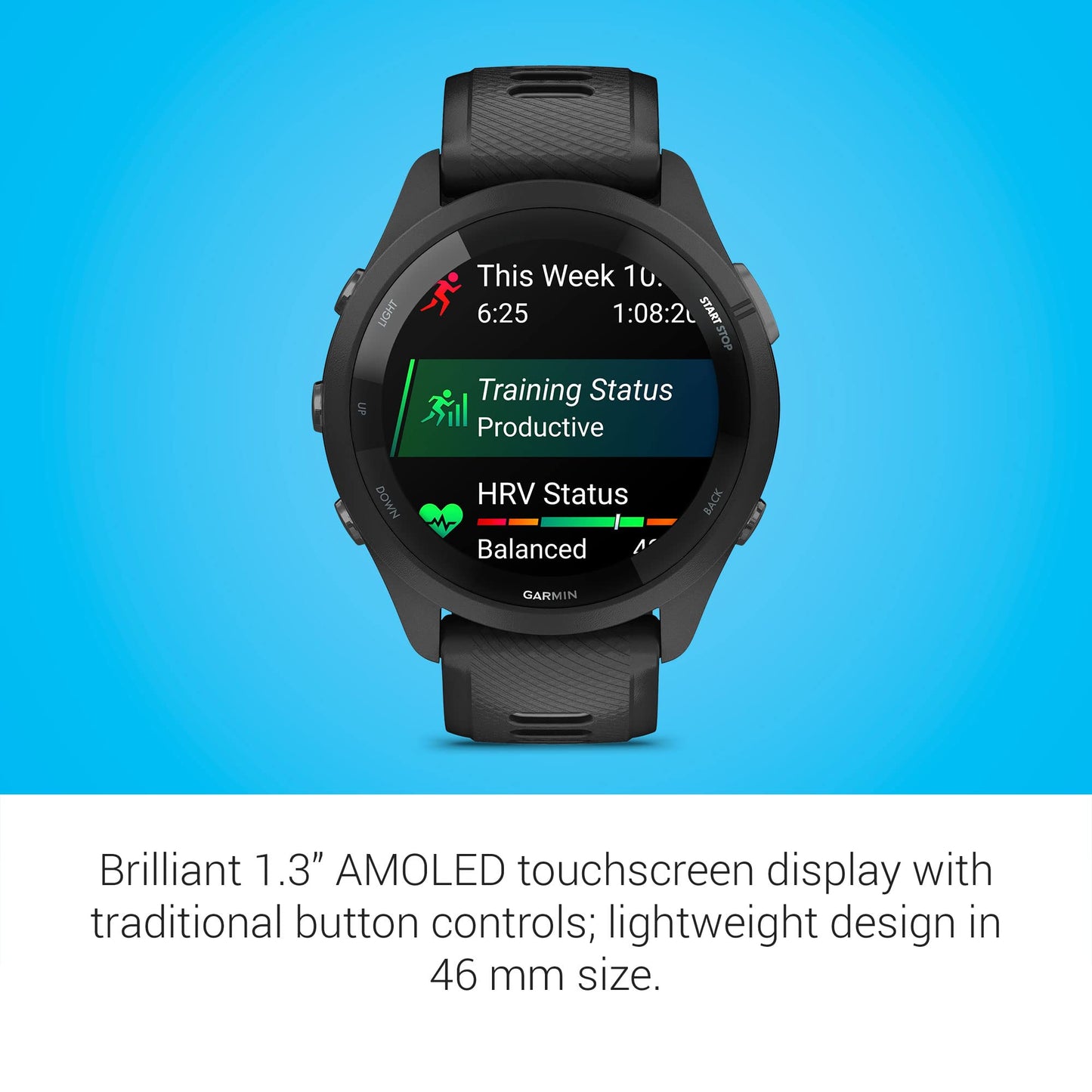 Garmin Forerunner 265 Running Smartwatch, Colorful AMOLED Display, Training Metrics and Recovery Insights, Black and Powder Gray (Renewed)
