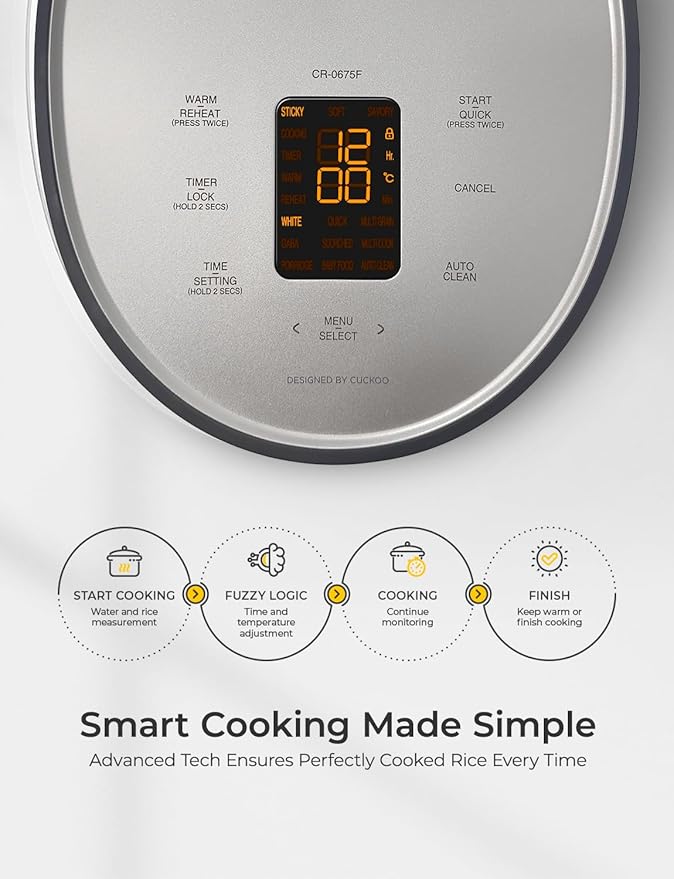 CUCKOO Micom Rice Cooker 6-Cup Uncooked / 12-Cup Cooked with Nonstick Inner Pot, Versatile Rice Maker with 9 Menu Options, Fuzzy Logic Technology, Auto Clean, Quick Rice Mode, Gray (CR-0675FG)