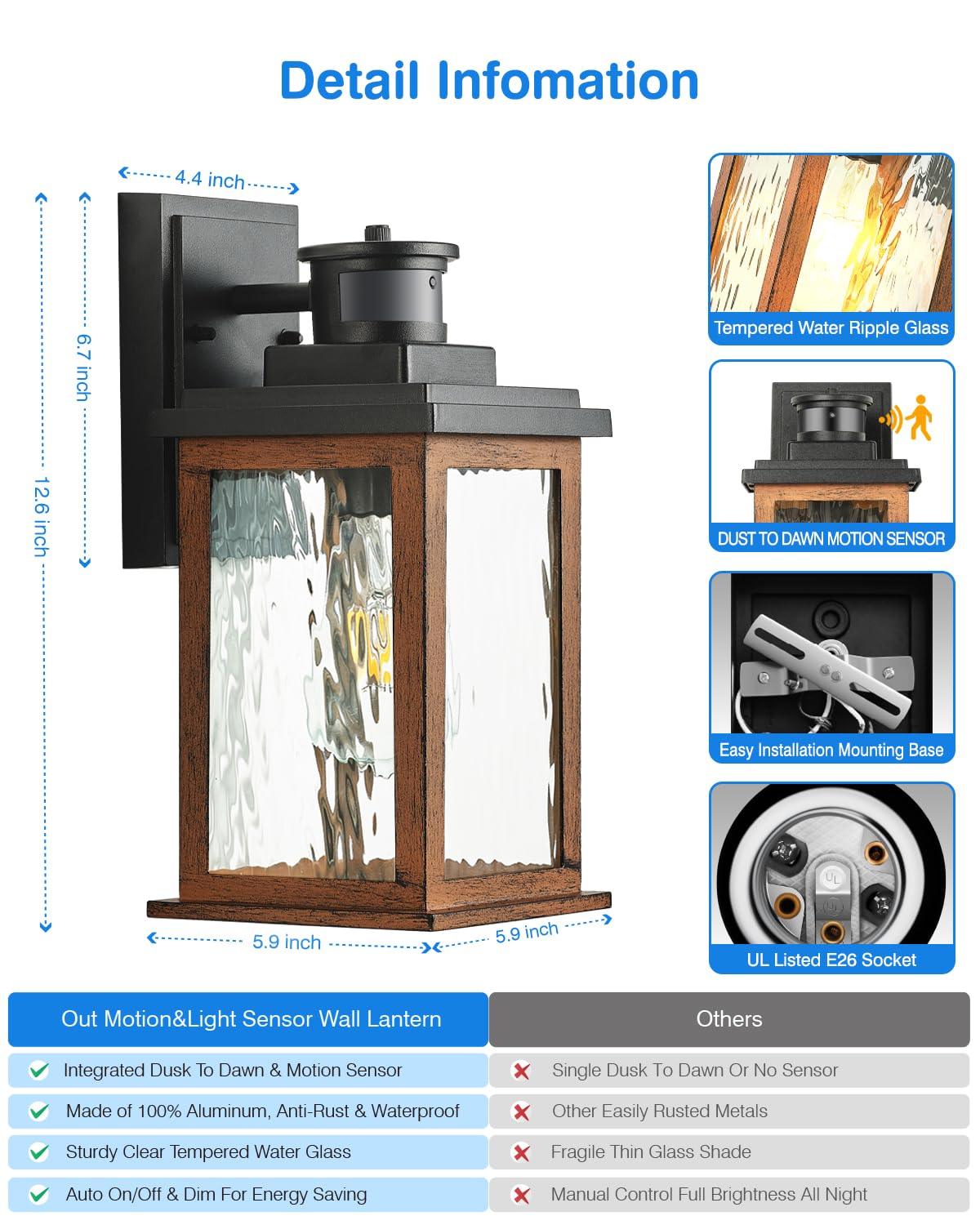 Vianis Motion Sensor Outdoor Lights, Waterproof Wall Mount Lantern, Wood Grain, Model V81011Gr, Dusk To Dawn Sconce For Entryway