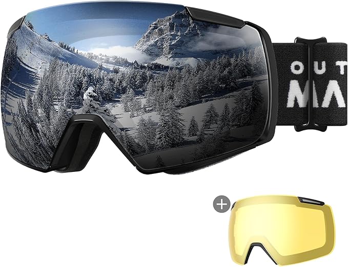 OutdoorMaster Heron Ski Goggles with 2 Lens, Frameless, Magnetic Interchangeable HD Toric Lens, OTG Snowboard Goggles