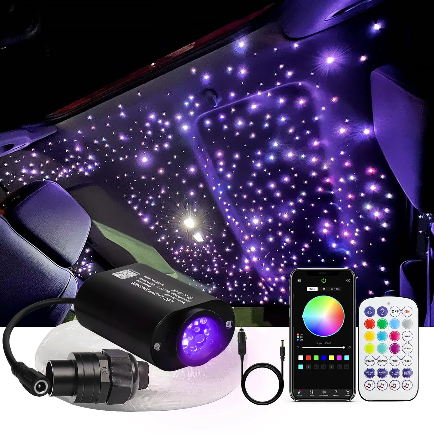 WEBUPAR 6W Starlight Headliner Kit, 350pcs Fiber Optic Car Ceiling Lights, Color-changing, 9.8ft, Model QJ-L006