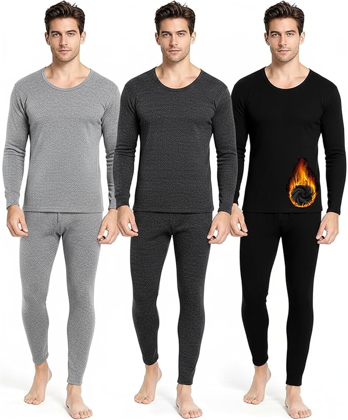 Jecery 3 Set Thermal Underwear for Men Extra Thick Fleece Lined Long Underwear Winter Base Layer Top Bottom Cold Weather