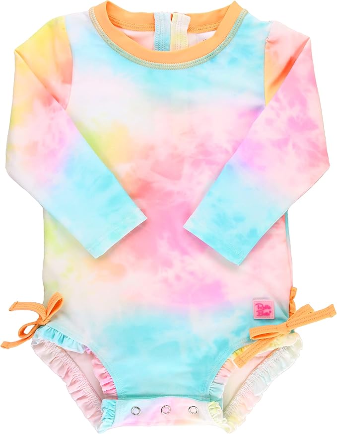 RuffleButts Baby Girls UPF 50+ Sun Protection Novelty Print Long Sleeve One Piece Rash Guard Swimsuit with Zipper